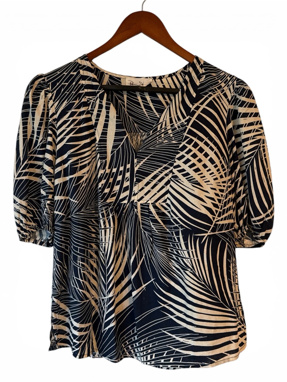 Women's Panama Jack Beachy Navy and Cream Palm-Print V-Neck Blouse
